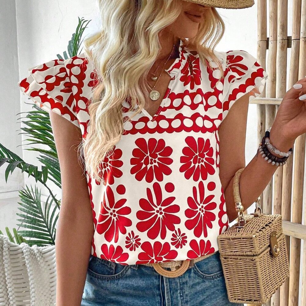 Multicolor Boho Women's Sleeveless V-Neck Blouse With All-Over Print - Picture 6 of 6